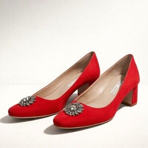 MANOLO BLAHNIK RED‎ SATIN SQUARE TOE PUMPS OVAL CRYSTAL BUCKLE IN GUNMETAL FRAME